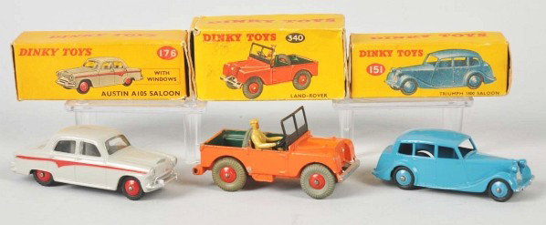 Lot of 3: Diecast Dinky Vehicle Toys.: Description Includes no. 176 Austin A105 Saloon car, no. 340 Land-Rover, and no. 152 Triumph 1800 Saloon. One paint flake to bottom of Land-Rover door and other minor wear. Includes original boxes wit