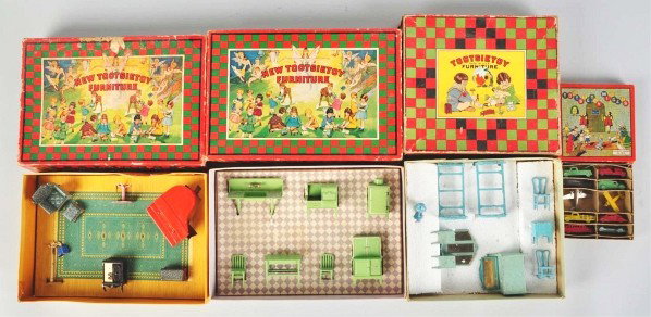 Lot of 4: Diecast Tootsietoy Furniture & Car Sets: Description American. Includes three boxed sets of furniture consisting of one kitchen, one bedroom, and one living room. Also includes one Midgets No. 0510 vehicle set. Boxes have some creasing and p