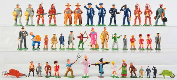 Lot of Approx. 40: Barclay Toy Figures.: Description Includes cowboys, Indians, civilians, and some duplicates. Very little wear overall. Condition (Very Good).