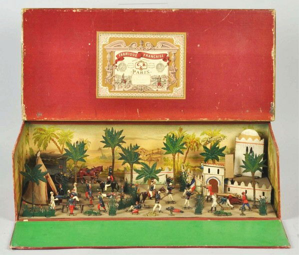Early Military Diorama Set.: Description French. Includes original box marked "C.B.G. Paris". Comes with various soldiers, nurses, medical equipment, buildings, trees, and one nice horse-drawn ambulance. Some paper loss and wear