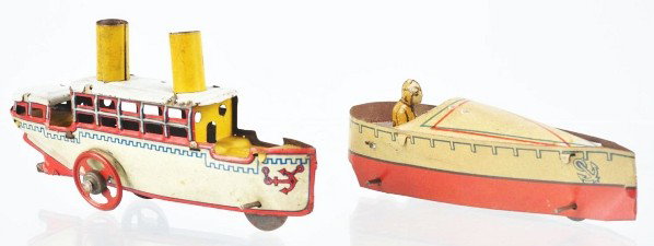 Lot of 2: Tin Litho Boat Penny Toys.: Description German. Includes one speed boat with removable tin litho driver and one two-stack steamship. Some scratching and wear. Condition (Very Good). Size Largest: 4 - 1/4" L.