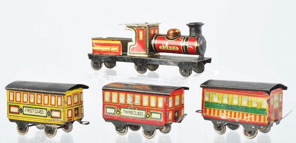 Tin Litho Train Set Penny Toy.: Description Japanese. Includes steam engine tender combination marked "Tokyo" and three passenger cars, one marked "First Class" and two marked "Third Class". Some moderate scratching and wear through
