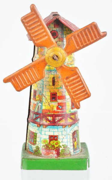 Tin Litho Windmill Penny Toy.: Description German. Blades are free spinning. Lithographed people around base. Some moderate wear to propellers and roof. Condition (Very Good). Size 3" T.