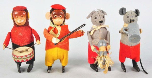Lot of 4: Schuco Animal Wind-Up Toys.: Description German. Includes two mice and two monkeys. One monkey is missing his violin and hand. Various conditions. Condition (Very Good). Size Largest: 4 - 1/2" T.