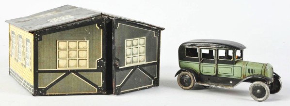 Tin Litho Bing Car & Garage Set.: Description German. Marked "BW Germany" on back of garage. Includes only one of two of the cars. Some dentin, scratching, and wear throughout. Condition (Very Good). Size 5" x 8" x 6 - 1/2".