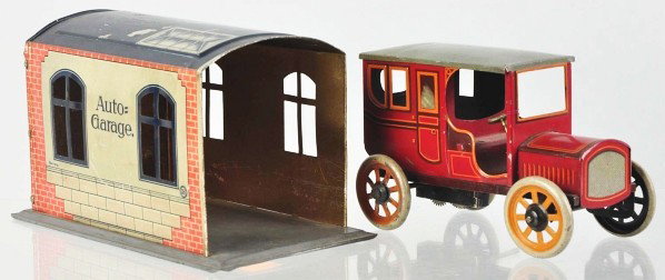 Tin Litho Bing Garage & Wind-Up Automobile Toy.: Description German. Garage marked "Auto Garage". Nice color lithography on car. Some minor scratching and wear to both pieces. Condition (Very Good - Excellent). Size Garage: 7" L.