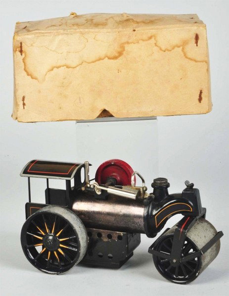 Early Bing Live Steam Steamroller Toy.: Description German. Has been fired-up but retains nice original paint. Some wear to wheels and oxidation to bare metal steam piece in middle. Includes original box with some staining. Condition (Very 