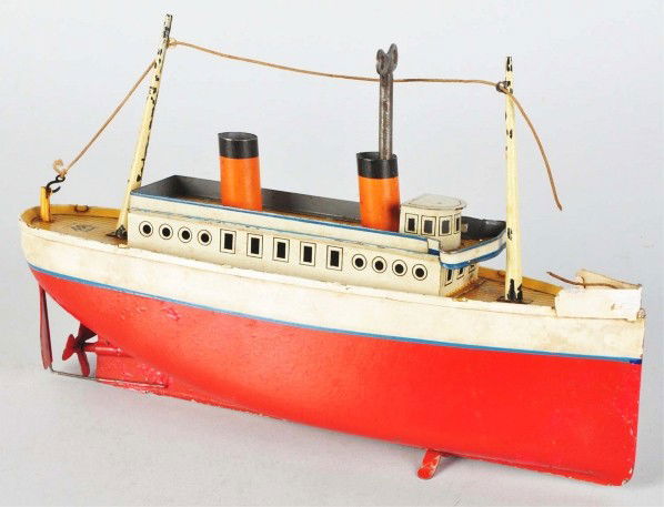 Tin Bing Boat Wind-Up Toy.: Description German. Working. Two-stack ocean liner with Bing mark on deck. Original masts but missing flags. Paint has some flaking. Condition (Very Good). Size 10 - 1/2" L.