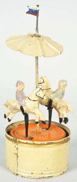 Handpainted Tin Carousel Wind-Up Toy.: Description German. When in operation, toy emits plink plink music. Depicts two men riding on horses. Replacement flag. Some paint flaking and wear. Condition (Very Good). Size 8" T.