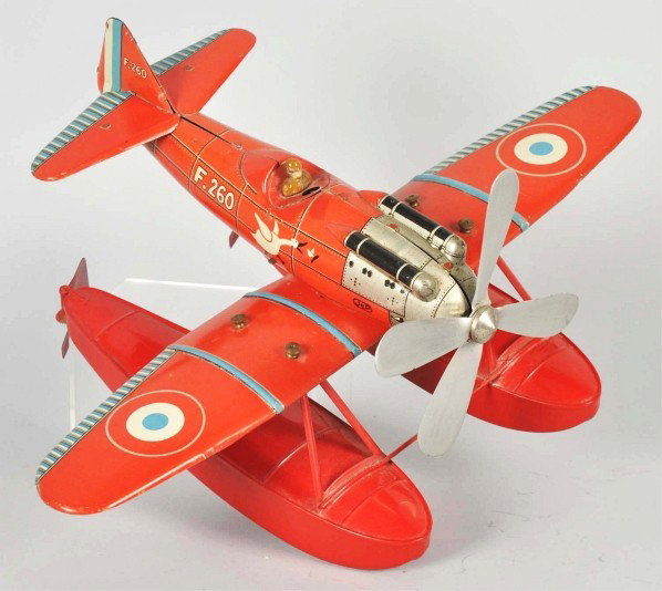Tin Litho Jep Sea Plane Wind-Up Toy.: Description French. Working. Marked "F. 260" on fuselage and original back tail fin. Propeller is clean. Very little wear overall. Condition (Excellent - Near Mint). Size 19 - 1/2" Wingspan.