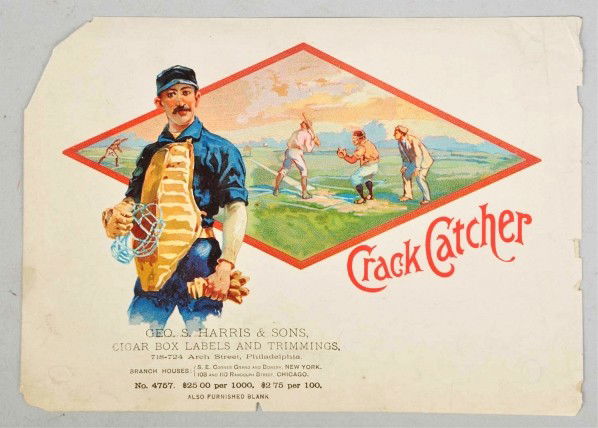 Crack Catcher Baseball Cigar Label.: Description Originally made in Philadelphia, PA. Nice coloring. Depicts early baseball scene. Some creasing and pieces torn from corners. Condition (Good - Very Good). Size 8 - 1/2" x 6".