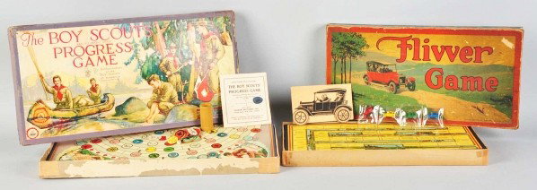Lot of 2: Board Games.: Description Includes Flivver Game by Milton Bradley and Boy Scout Game by Parker. Boy Scout game has wonderful litho and just minor tears. Condition (Excellent). Size Largest Box: 19 - 1/4" x 10".