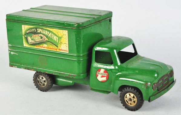 Lot of 2: Pressed Steel Buddy L Truck Toys.: Description American. Includes one Wrigley's Spearmint Gum truck and one GMC Bell Telephone truck. Both have some scratching, pitting, and wear. Condition (Very Good). Size Largest: 21" L.