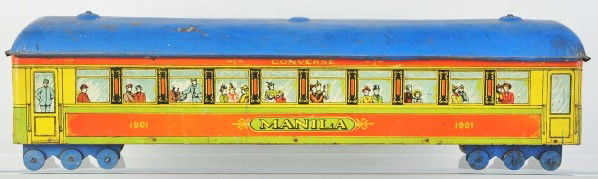 Large Converse Manila Passenger Train Car.: Description American. Very unusual. Marked "1901" and "Converse". Lithographed people in windows. Some scratching and wear to roof. Condition (Very Good - Excellent).