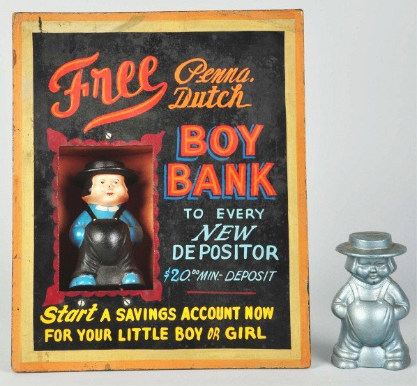 Lot of 2: Cast Iron Amish Banks.: Description Amish display piece includes two cast iron Amish banks, one painted and one unpainted. Condition (Excellent). Size Sign: 14" x 11 - 1/2".