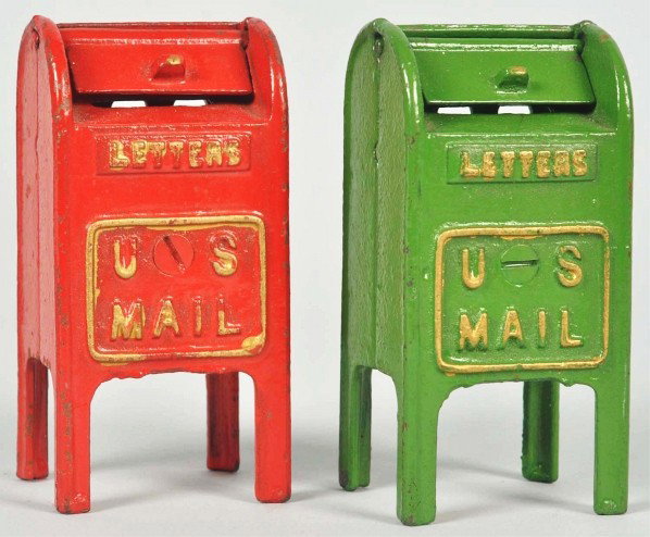 Lot of 2: Cast Iron Arcade U.S. Mail Still Banks.: Description American. Identical banks in different colors read "Letters" and "U.S. Mail" on front. Screws have never been turned. Red bank has some wear to back. Condition (Excellent - Near Mint). Siz