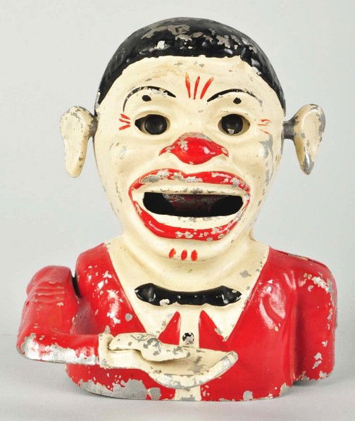 Aluminum White Face Jolly N' Mechanical Bank.: Description England. Includes removable ears. Working condition. Condition (Very Good - Excellent). Size 5 - 3/4" T.