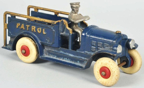 Cast Iron Hubley Patrol Vehicle Toy.: Description Original nickel driver. White rubber tires with some spotting (due to age). Minor wear overall. Condition (Excellent - Near Mint). Size 7" L.