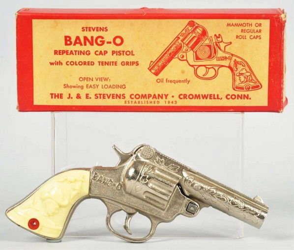 Stevens Bang-O Repeating Toy Cap Gun.: Description Gun is unfired. Includes original box. Condition Toy (Mint) Box (Excellent). Size 7 - 1/2" L.