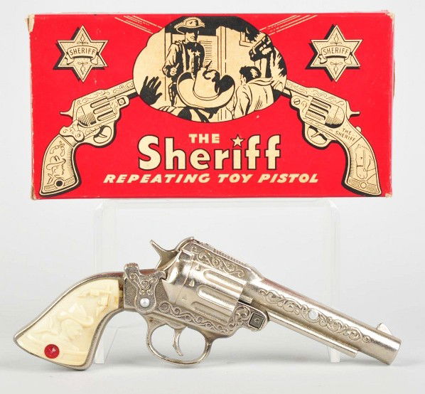 Stevens "The Sheriff" Repeating Toy Cap Gun.: Description Gun is unfired. Includes original box. Condition Toy (Mint) Box (Excellent). Size 8" L.