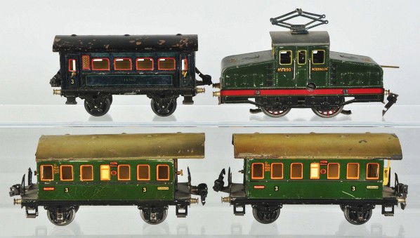Marklin O-Gauge Electric Passenger Train Set.: Description German. Pre-war. Includes no. RV890 steeple cab engine with three passenger cars, all marked "3". This is a mismatched set. Some scratching and wear to blue car. Condition (Very Good).