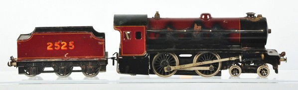 Bassett-Lowke Train Engine & Tender.: Description O-gauge. Tender marked "2525" and engine with no marking. Live steam including steam plant. Some burn marks to sides of engine. Condition (Good - Very Good).