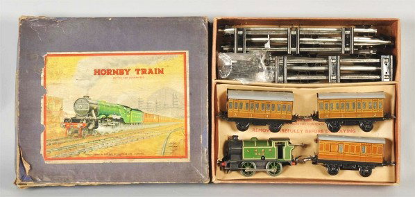 Hornby O-Gauge Passenger Train Set.: Description English. Pre-war. Includes LNER460 clockwork locomotive and three passenger cars. Some scratching and wear, especially to silver windows. Includes original box with nice color label and in