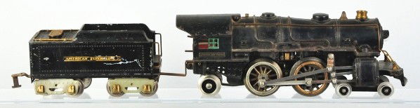 American Flyer Steam Engine & Tender.: Description Pre-war. Standard gauge. Engine and tender are not numbered. Some paint loss and wear to tender. Condition (Very Good).