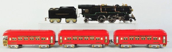 American Flyer No. 442 Passenger Train Set.: Description Pre-war. Standard gauge. Includes no. 442 steam engine with green striping, no. 4671 tender, and three passenger cars. Passenger cars include two pullman cars and one observation car. Trai