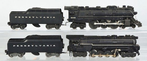 Lot of 2: Lionel O-26 Gauge Engines & Tenders.: Description Post-war. Includes no. 2046 steam-type engine with Pennsylvania scoop tender and no. 682 steam turbine engine with no. 2046-50 Pennsylvania scoop tender. All exhibit very little wear. Cond