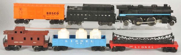 Lionel O-27 Gauge No. 9664 Freight Train Set.: Description Post-war, circa 1960s. Includes no. 247 steam-type engine with blue striping, no. 6026 whistle tender, no. 6825 flat car with trestle bridge, no. 6112-85 canister car in blue with three or