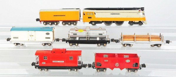 Lionel O-Gauge Hiawatha Freight Train Set.: Description Pre-war. Includes two no. 250E Hiawatha engine with some paint loss to front nose area, no. 250W whistle tender, and five freight cars. Freight cars consist of no. 816 hopper car, no. 814 