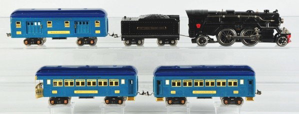 Lionel O-Gauge No. 1835E Passenger Train Set.: Description Pre-war. Includes no. 1835E steam-type locomotive and tender, no. 309 pullman car, no. 310 baggage car, and no. 312 observation car. Engine and tender with nickel trim. Set has been comple