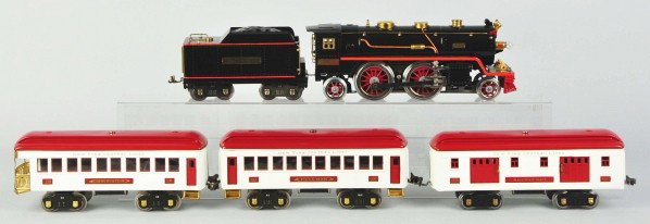 Lionel Standard Gauge No. 390 Passenger Train Set: Description Pre-war. Includes no. 390E steam engine, no. 390T tender with orange striping, and three passenger cars. Passenger cars consist of no. 337 pullman car, no. 332 baggage car, and no. 338 obs