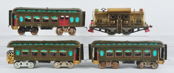 Lionel Standard Gauge No. 380 Passenger Train Set: Description Pre-war. Includes no. 380 brass electric-style engine with no. 18 parlor car, no. 19 baggage car, and no. 190 observation car. Engine has been re-done in brass and observation car has new 