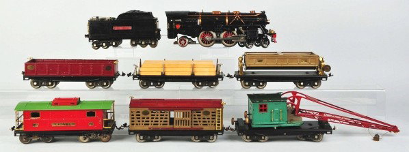 Lionel Standard Gauge No. 392 Freight Train Set.: Description Pre-war. Includes no. 392E steam engine and tender (restored), one lumber car, one gondola car, one crane car, one dump car, and one caboose (incorrect trucks), all 200 series. Cars have s