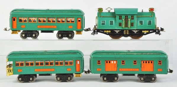 Lionel Standard Gauge No. 10 Passenger Train Set.: Description Pre-war. Engine has brass wheels and set is peacock blue. Includes no. 10 engine with no. 339 pullman car, no. 332 baggage car, and no. 341 observation car. Engine and cars have some scrat