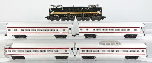 Lionel No. 2340 GG1 Penn. Passenger Train Set.: Description Contemporary. Includes no. 2340 GG1 five stripe engine, one Betsy Ross Vista Dome car, two William Penn cars, and one Alexander Hamilton car. Condition (Excellent).