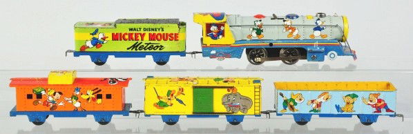 Tin Litho Marx Disney Meteor Wind-Up Train Set.: Description American. Working. Includes steam-type locomotive, Mickey Mouse meteor tender with Donald Duck, scarcer no. 1476 boxcar with Three Little Pigs, one gondola car with Snow White and the Seve