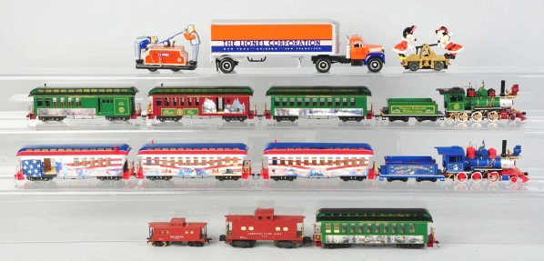 Lot of Miscellaneous Train Items.: Description Includes one large plastic New York Central Lines caboose, one MTH electric Express gondola car, and other handcars and HO American trains. Condition (Very Good).
