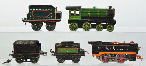 Lot of 5: Train Items.: Description Includes two engines and three tenders. Consists of one restored Marklin tender, one Winner train engine, two other German lithographed tenders, and one German (possibly KBN) wind-up engin