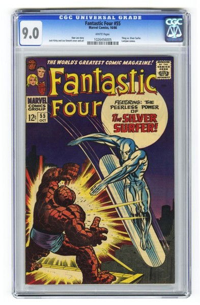 Fantastic Four #55 CGC 9.0 Marvel Comics 10/66.: Description Stan Lee story with Jack Kirby and Joe Sinott cover and art. Thing vs. Silver Surfer. Lockjaw cameo. White pages. Condition (CGC 9.0).