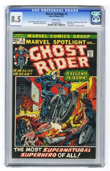 Marvel Spotlight #5 CGC 8.5 Marvel Comics 8/72.: Description Gary Friedrich and Thomas story with Mike Ploog cover and art. Origin and first appearance of Ghost Rider (Johnny Blaze). First appearance of Roxanne Simpson. White pages. Condition (CGC 8