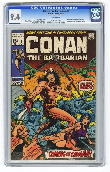 Conan the Barbarian #1 CGC 9.4 Marvel Comics.: Description 10/70. Roy Thomas story with Barry Windsor-Smith and Dan Adkins art. Barry Windsor-Smith cover. Origin and first appearance of Conan. First appearance of King Kull in cameo. White pages. C