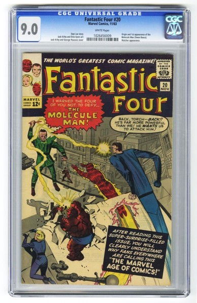 Fantastic Four #20 CGC 9.0 Marvel Comics 11/63.: Description Stan Lee story with Jack Kirby and Dick Ayers art and Jack Kirby and George Roussos cover. Origin and first appearance of the Molecule Man (Owen Reece). Watcher appearance. White pages. Co