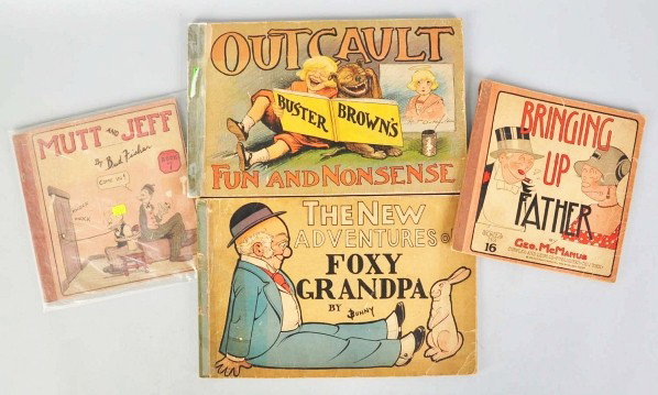 Lot of 4: Early Comic Books.: Description This lot includes Outcault Buster Brown's Fun and Nonsense printed in 1911, The New Adventures of Foxy Grandpa printed in 1903, Bringing Up Father Series #16, and Mutt and Jeff Book 7. The