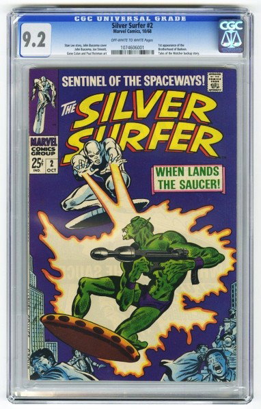 Silver Surfer #2 CGC 9.2 Marvel Comics 10/68.: Description Stan Lee story with John Buscema cover and John Buscema, Joe Sinnott, Gene Colan, and Paul Reinman art. First appearance of the Brotherhood of Badoon. Tales of the Watcher backup story. Of
