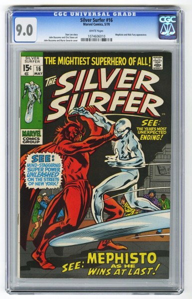 Silver Surfer #16 CGC 9.0 Marvel Comics 5/70.: Description Stan Lee story with John Buscema and Chic Stone art and Marie Severin cover. Mephisto and Nick Fury appearance. White pages. Condition (CGC 9.0).