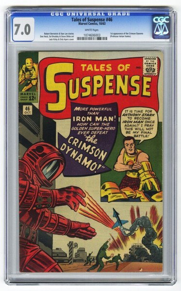 Tales of Suspense #54 CGC 7.0 Marvel Comics 10/63: Description Robert Bernstein and Stan Lee stories with Don Heck, Sol Brodsky, and Steve Ditko art and Jack Kirby and Dick Ayers cover. First appearance of the Crimson Dynamo (Professor Anton Vanko). W
