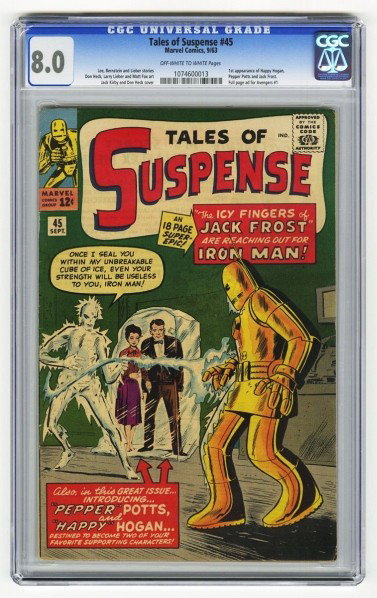 Tales of Suspense #45 CGC 8.0 Comics 9/63.: Description Lee, Bernstein, and Lieber stories with Don Heck, Larry Lieber, and Matt Fox Art. Jack Kirby and Don Heck cover. First appearance of Happy Hogan, Pepper Potts, and Jack Frost. Full page ad